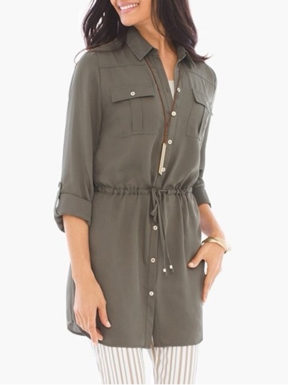 CHICO’S Green Blouse Women Size 3 XL Drawstring Waist Coat Tunic Woven Top Shirt